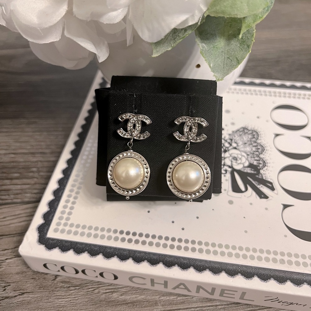 CHANEL Silver Crystal CC Faux Pearl Dangle Earrings